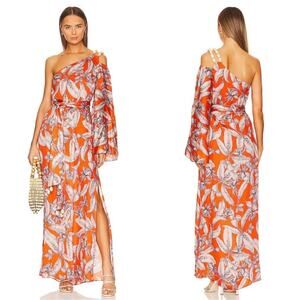 ALEXIS Randi One Shoulder Floral Maldives Orange Long Sleeve Maxi Dress Size XL